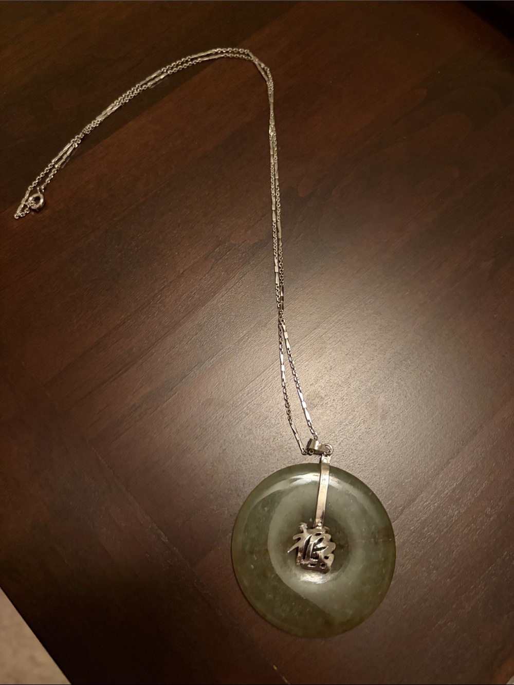 Green Jade Disc Pendant Necklace with Silver Accent